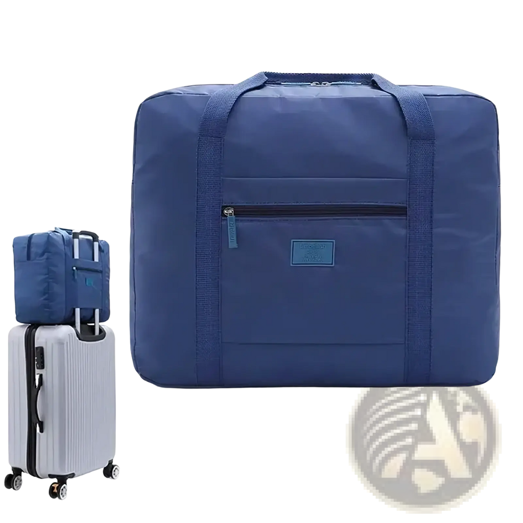 Lightweight foldable blue 20l travel duffel bag with reinforced fabric handles and front zippered pocket