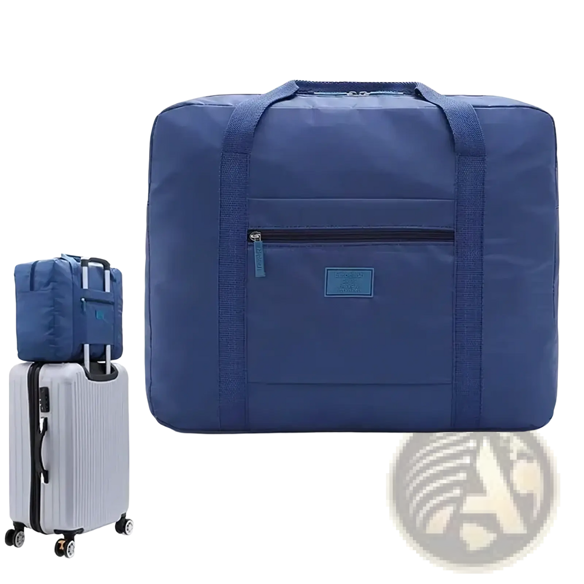 Lightweight foldable blue 20l travel duffel bag with reinforced fabric handles and front zippered pocket