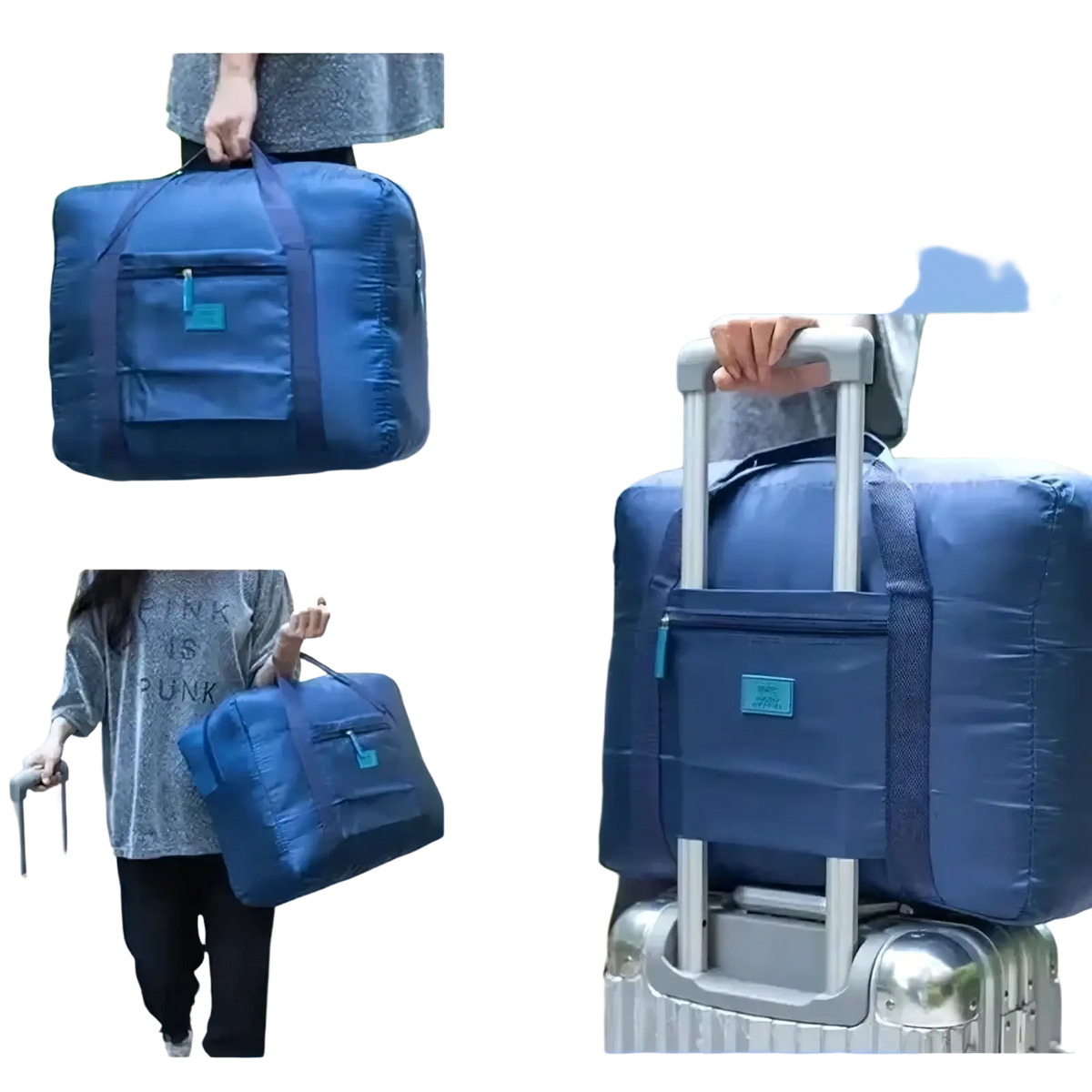 Lightweight foldable travel duffel bag in blue with teal accents and a front zippered pocket for organized packing