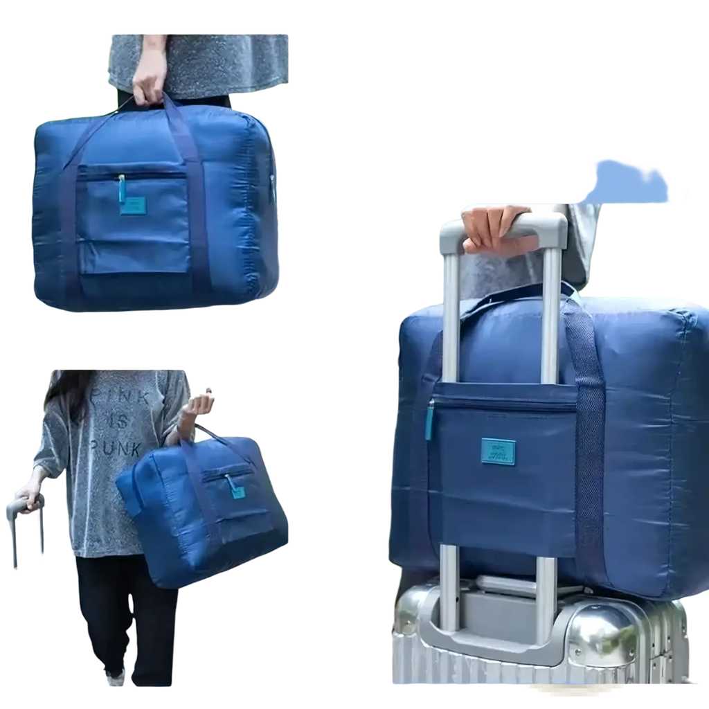 Lightweight foldable travel duffel bag in blue with teal accents and a front zippered pocket for organized packing