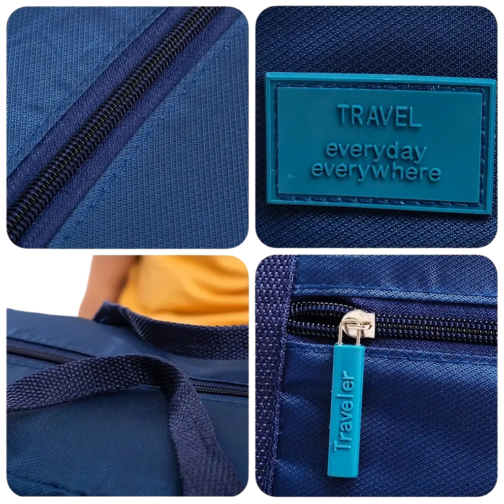 Lightweight foldable travel duffel bag in deep blue fabric with teal travel everyday everywhere patch and matching zipper pull