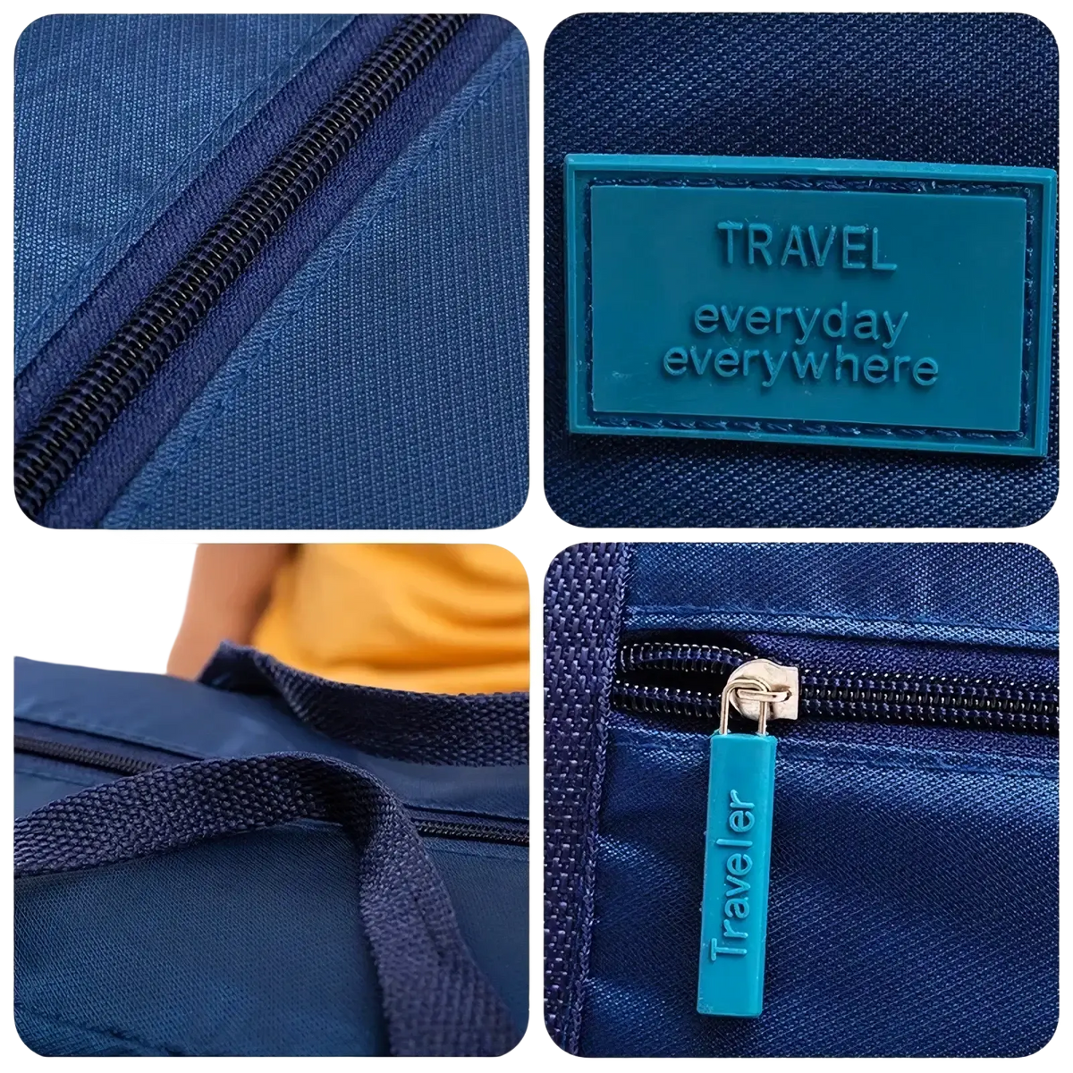 Lightweight foldable travel duffel bag in deep blue fabric with teal travel everyday everywhere patch and matching zipper pull