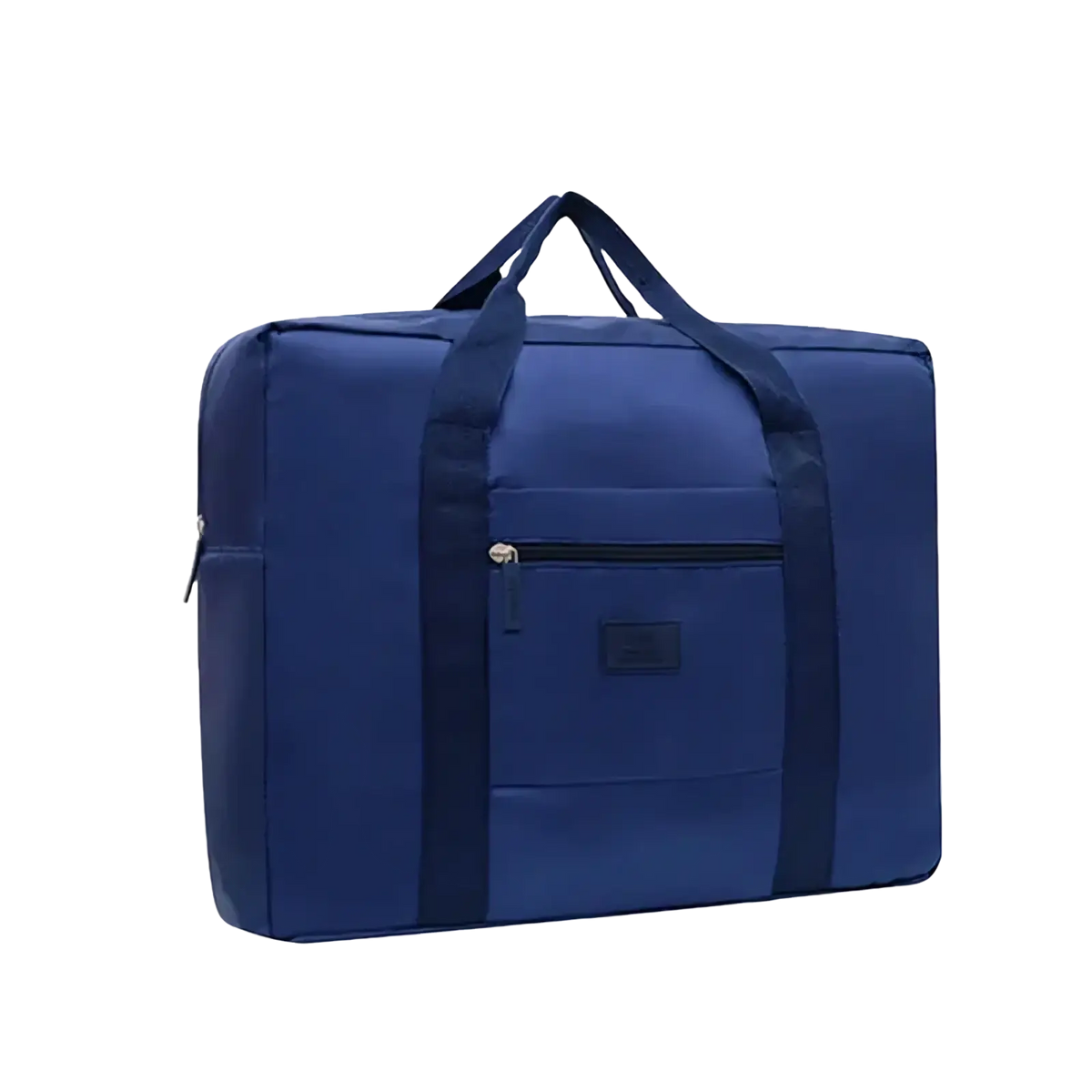 Navy blue lightweight foldable travel duffel bag with sturdy handles and front zippered pocket for convenient storage