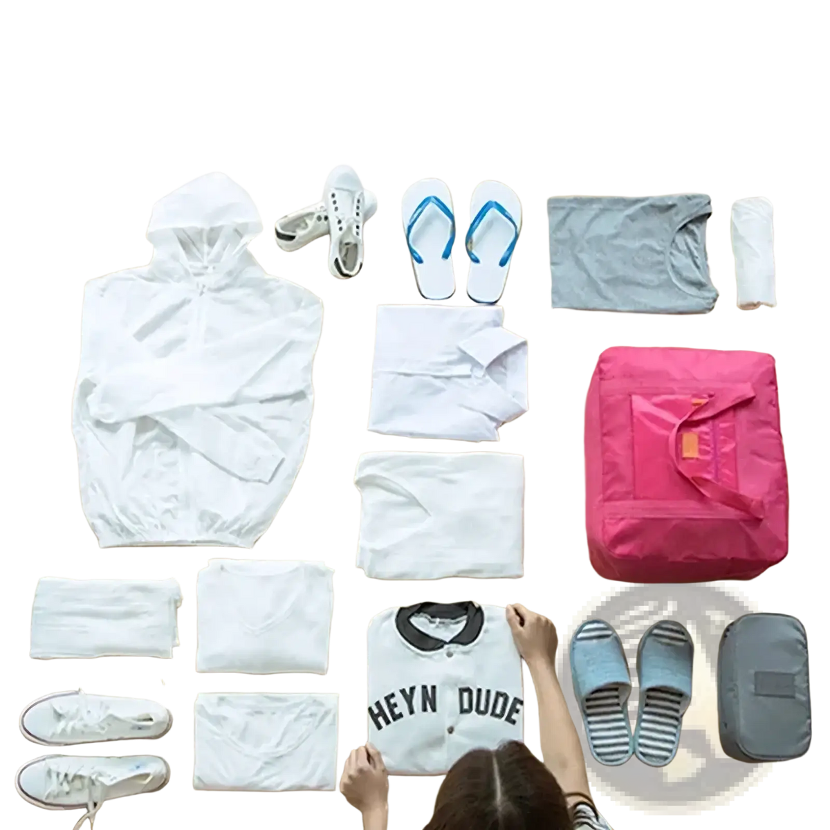 Lightweight foldable travel duffel bag in pink with orange zipper pull and handles, 20 liters capacity