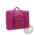 A vibrant magenta lightweight foldable travel duffel bag with sturdy handles and a front zippered pocket