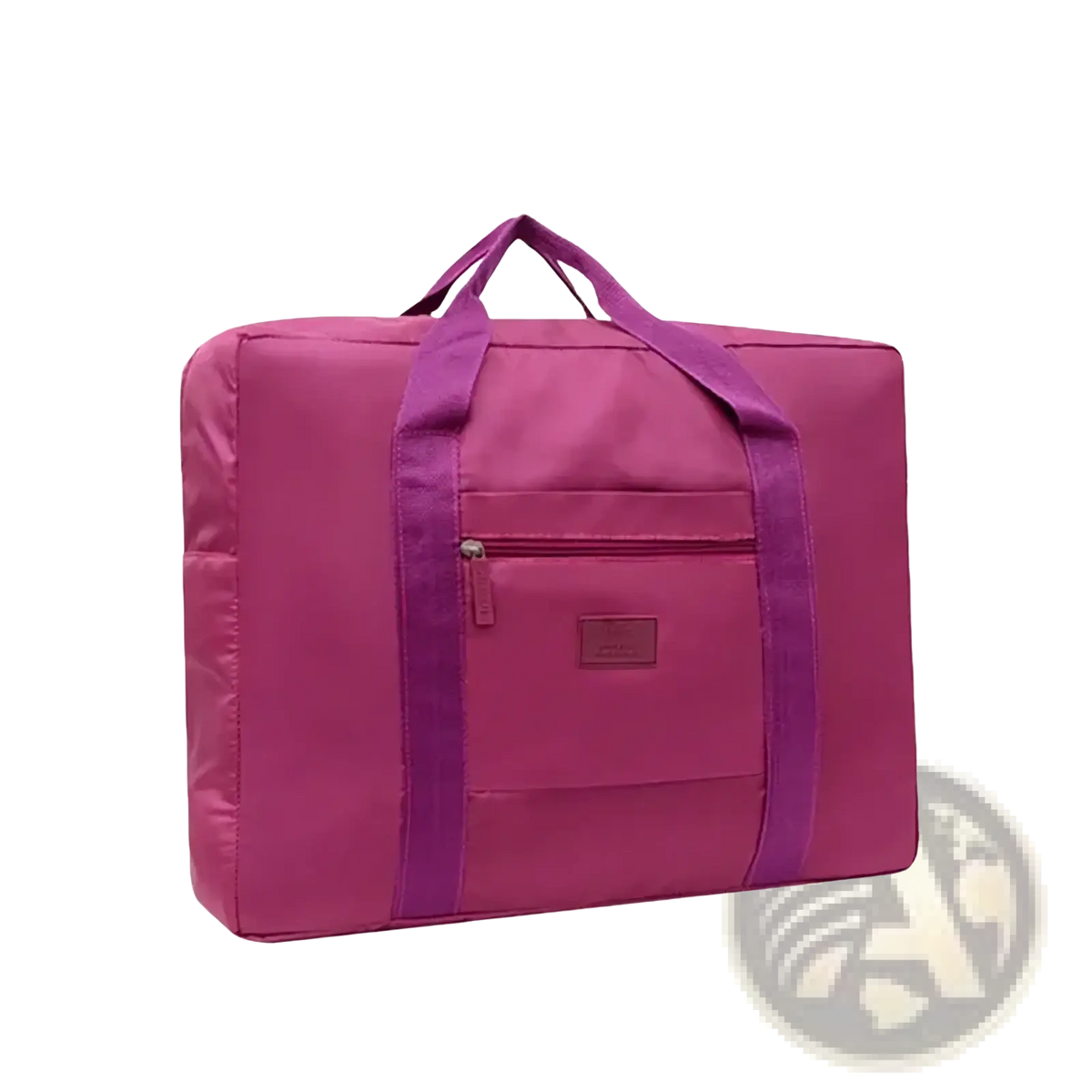 A vibrant magenta lightweight foldable travel duffel bag with sturdy handles and a front zippered pocket