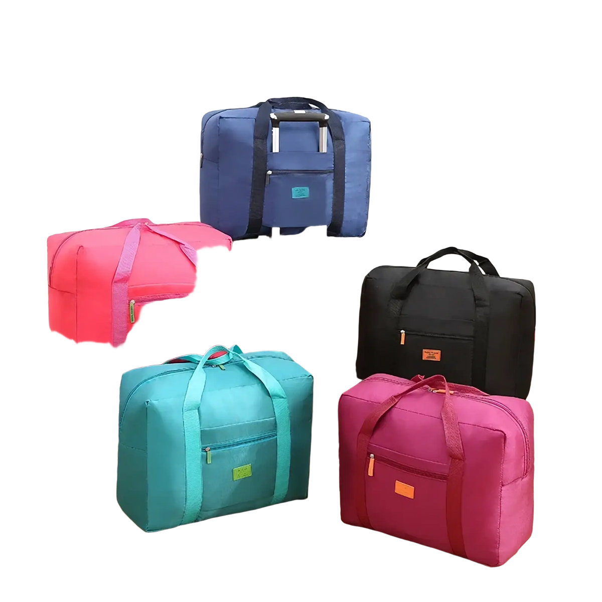 Lightweight foldable travel duffel bag set in pink blue teal and magenta with adjustable handles and front pockets