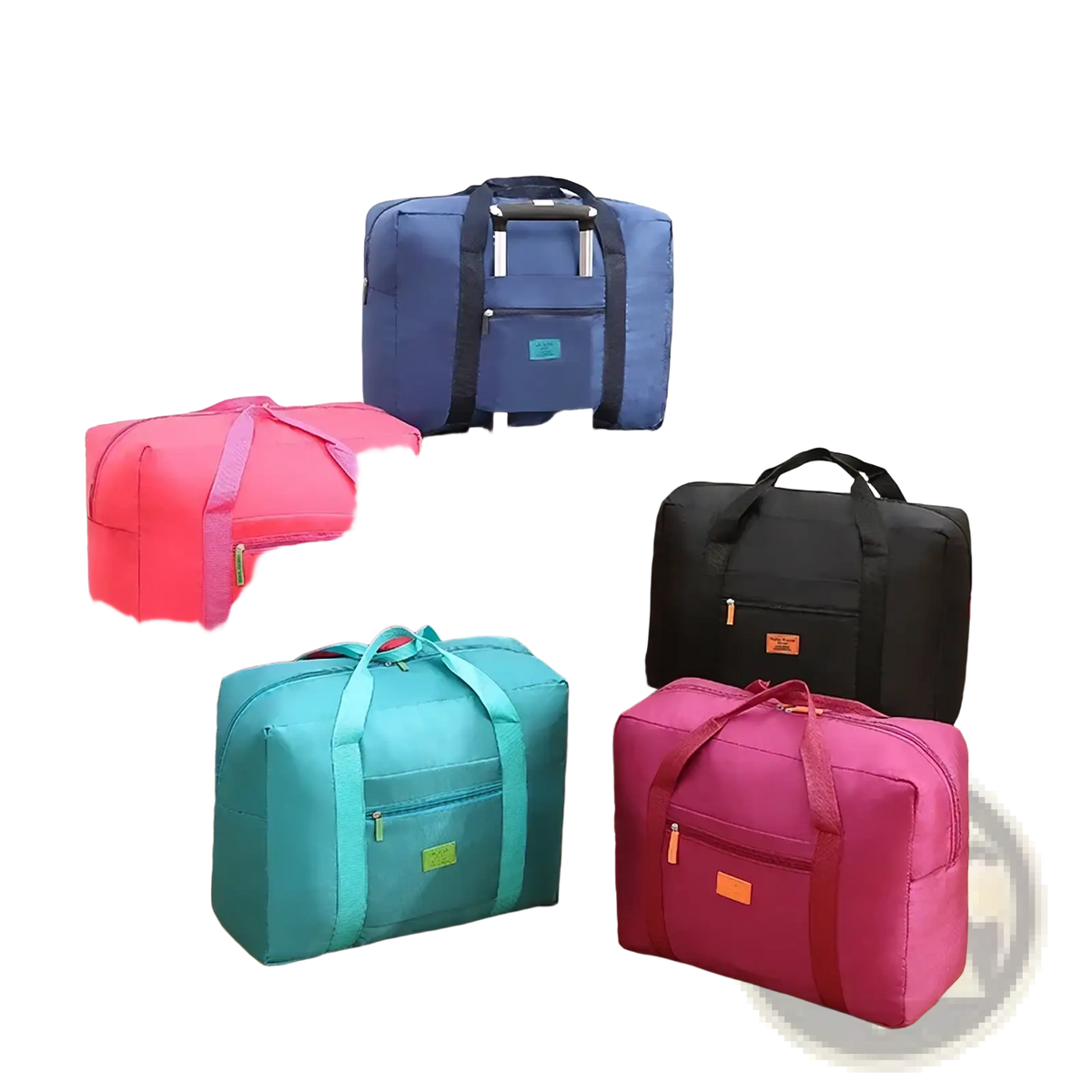 Lightweight foldable travel duffel bag set in pink blue teal and magenta with adjustable handles and front pockets