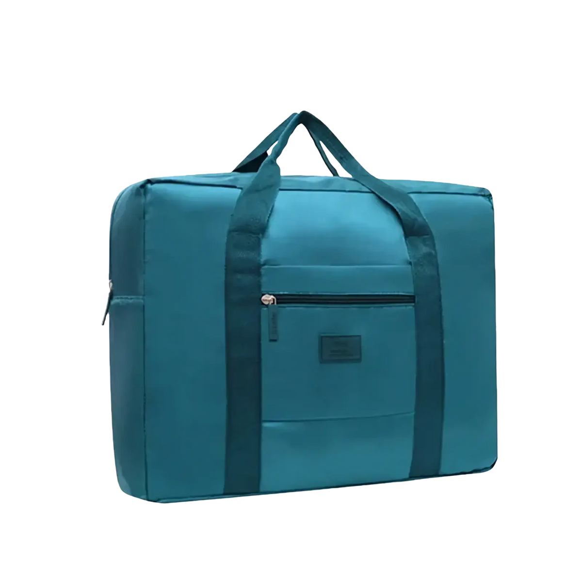 Lightweight foldable travel duffel bag in teal with reinforced handles and front zippered pocket for convenient packing