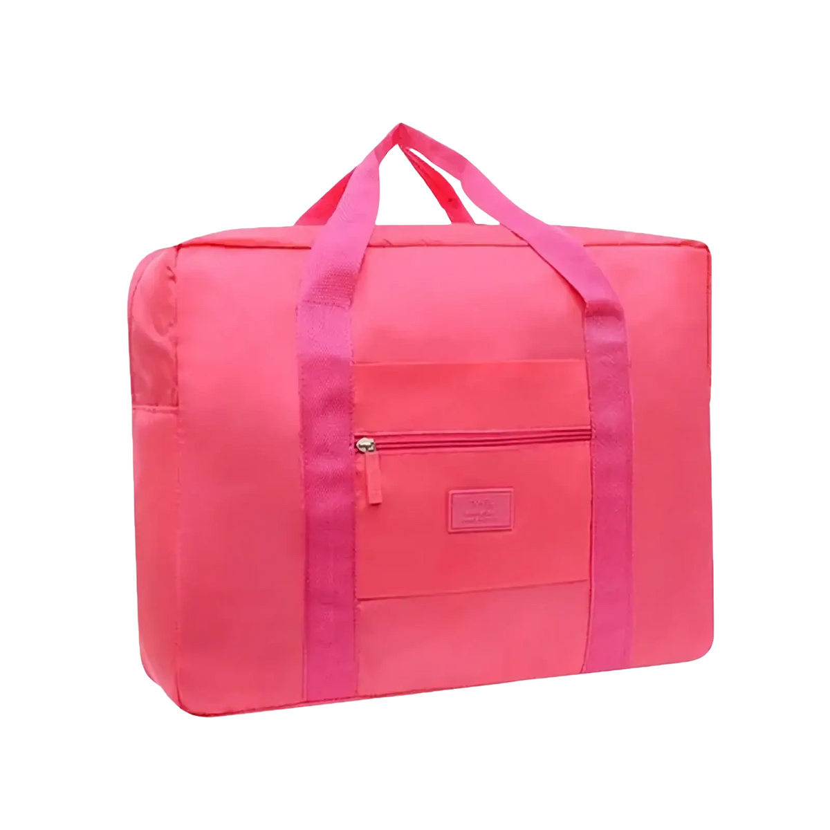 Lightweight foldable travel duffel bag in vibrant pink with sturdy handles and front zippered pocket for easy carrying
