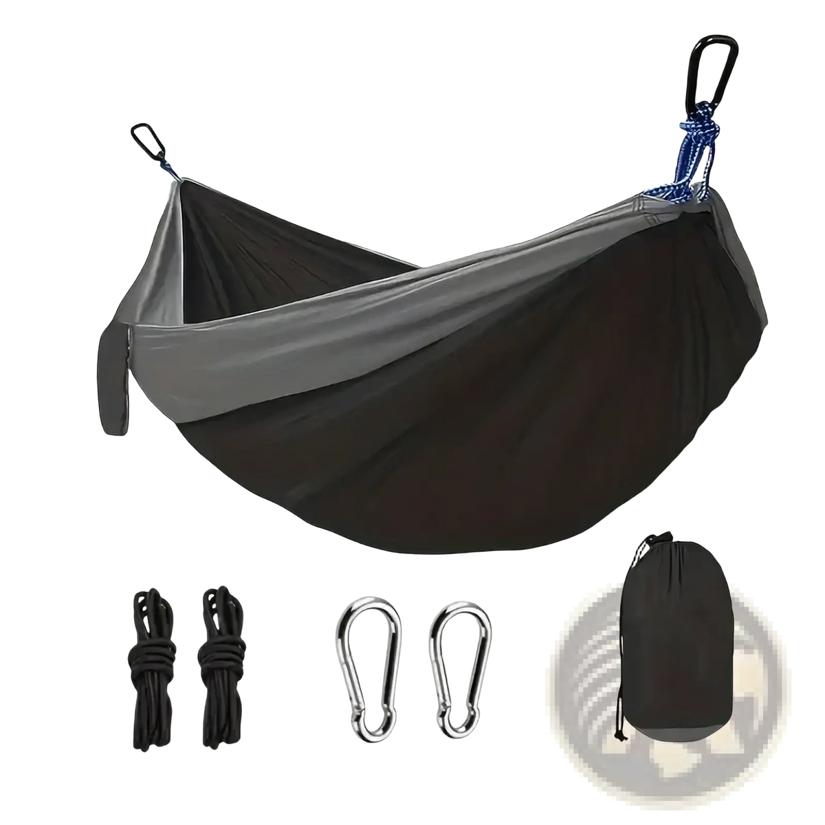 Lightweight black and gray two-tone nylon camping hammock with blue rope tie-downs and tree straps for outdoor use