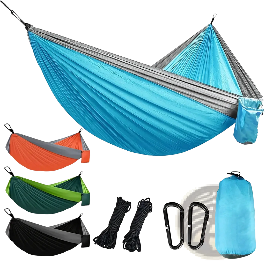 Lightweight nylon camping hammock in blue and gray with double layers, tree straps, carabiners, and a matching stuff sack