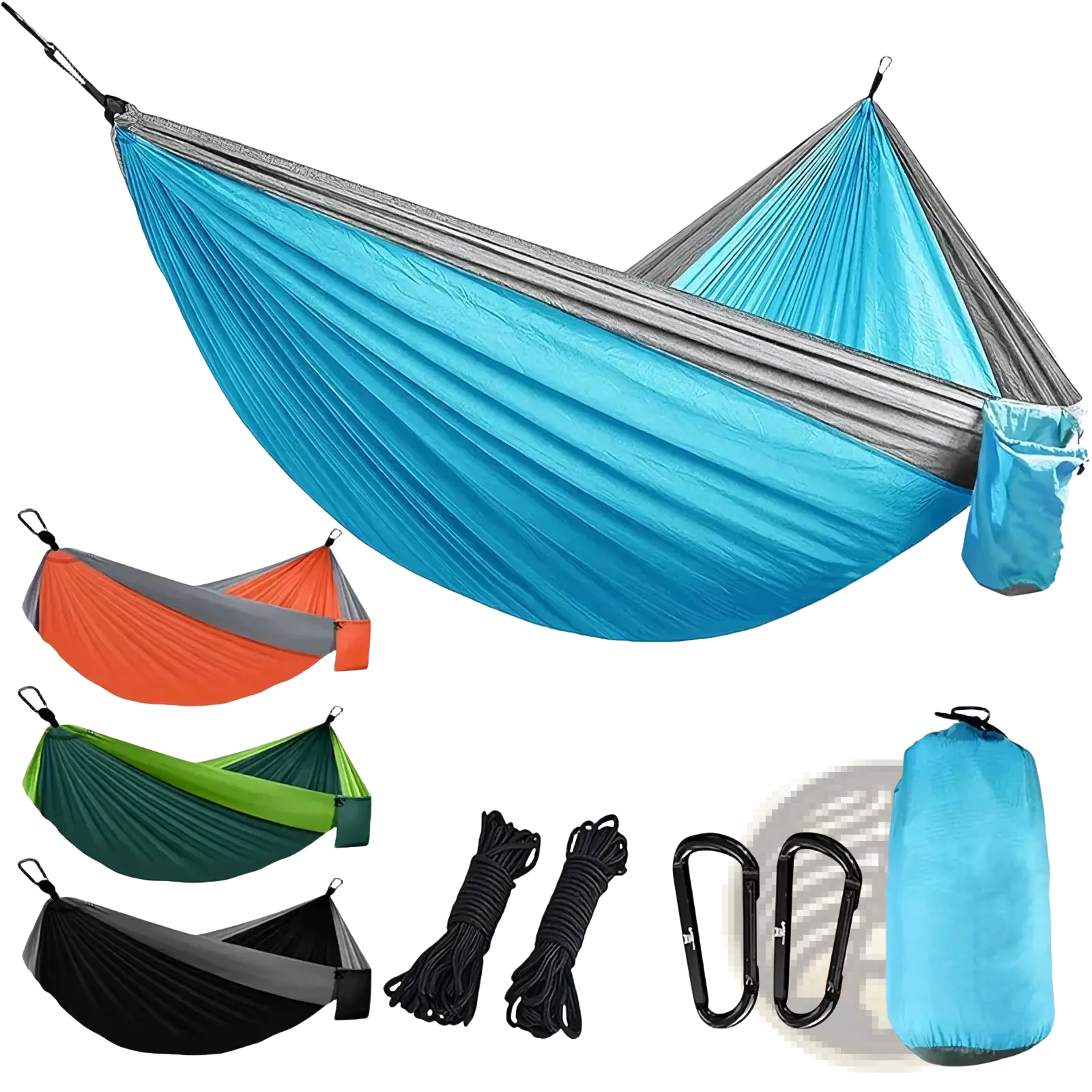 Lightweight nylon camping hammock in blue and gray with double layers, tree straps, carabiners, and a matching stuff sack