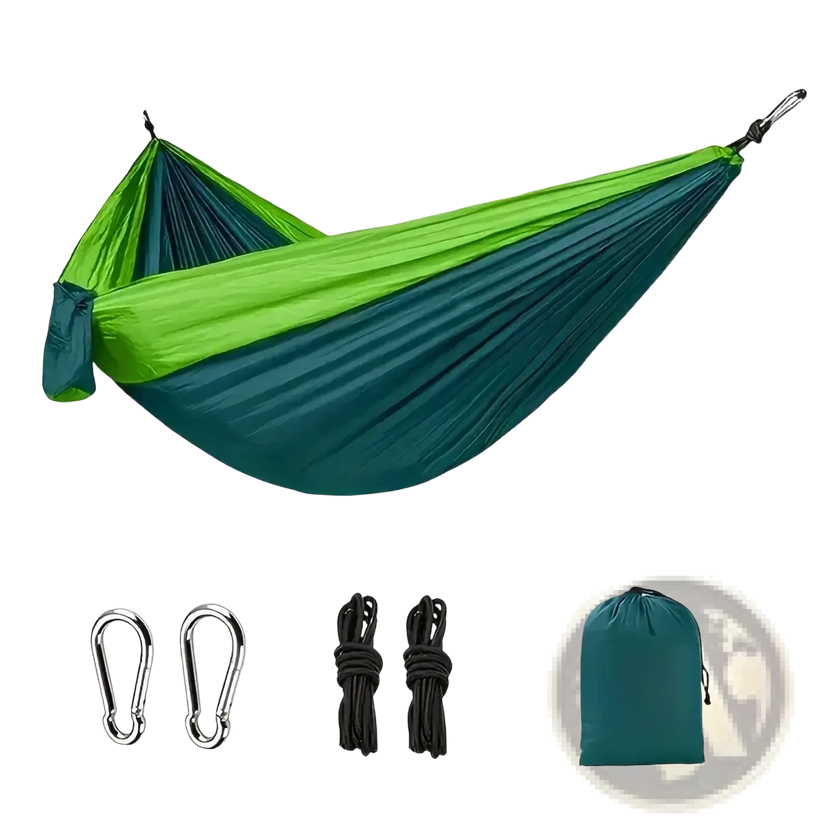 Lightweight nylon camping hammock in vibrant green and teal gradient with attached carabiners ropes and carrying bag