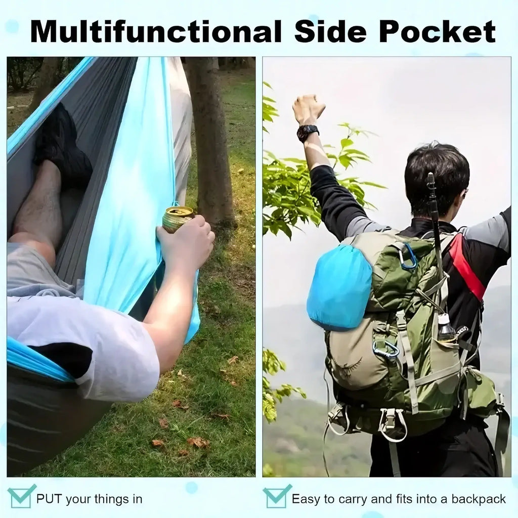 Light blue compact side pocket made of nylon for lightweight camping hammock with tree straps designed for easy storage