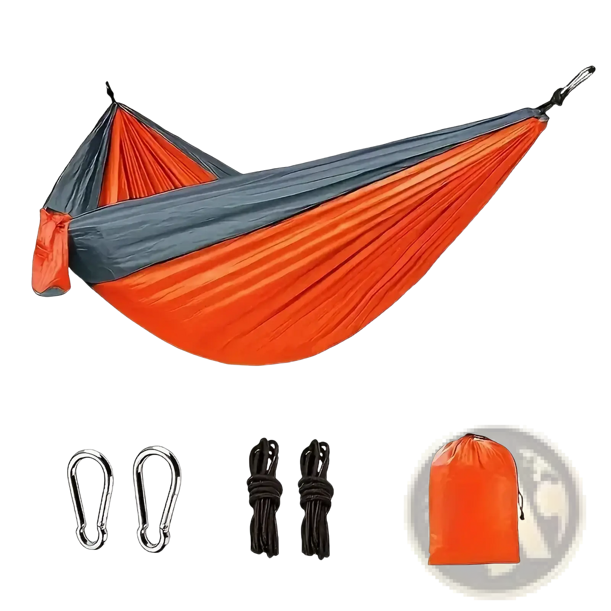 Lightweight orange and gray two-tone nylon camping hammock with attached carabiners ropes and storage sack