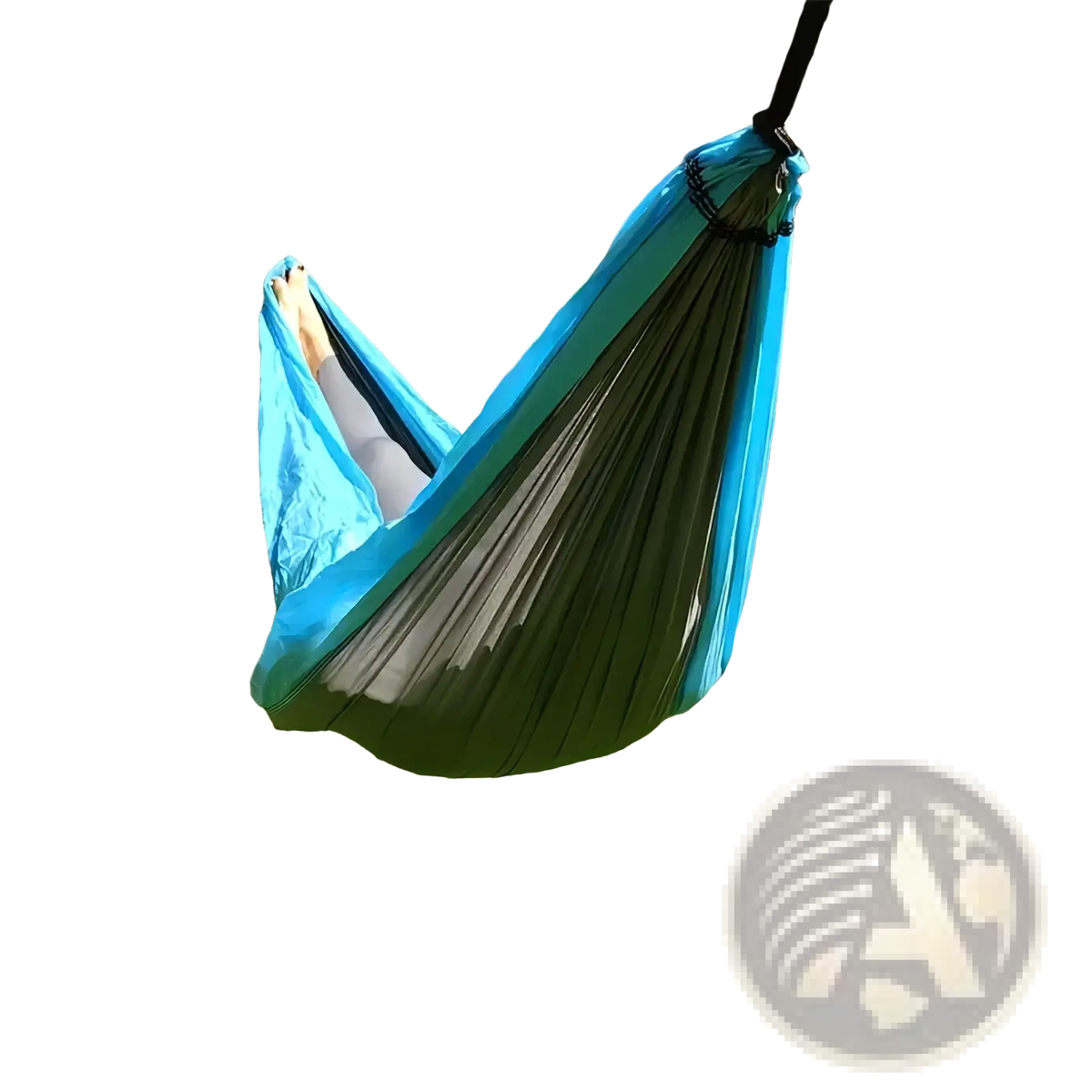 A vibrant blue and green lightweight nylon camping hammock with sleek fabric design and included tree straps