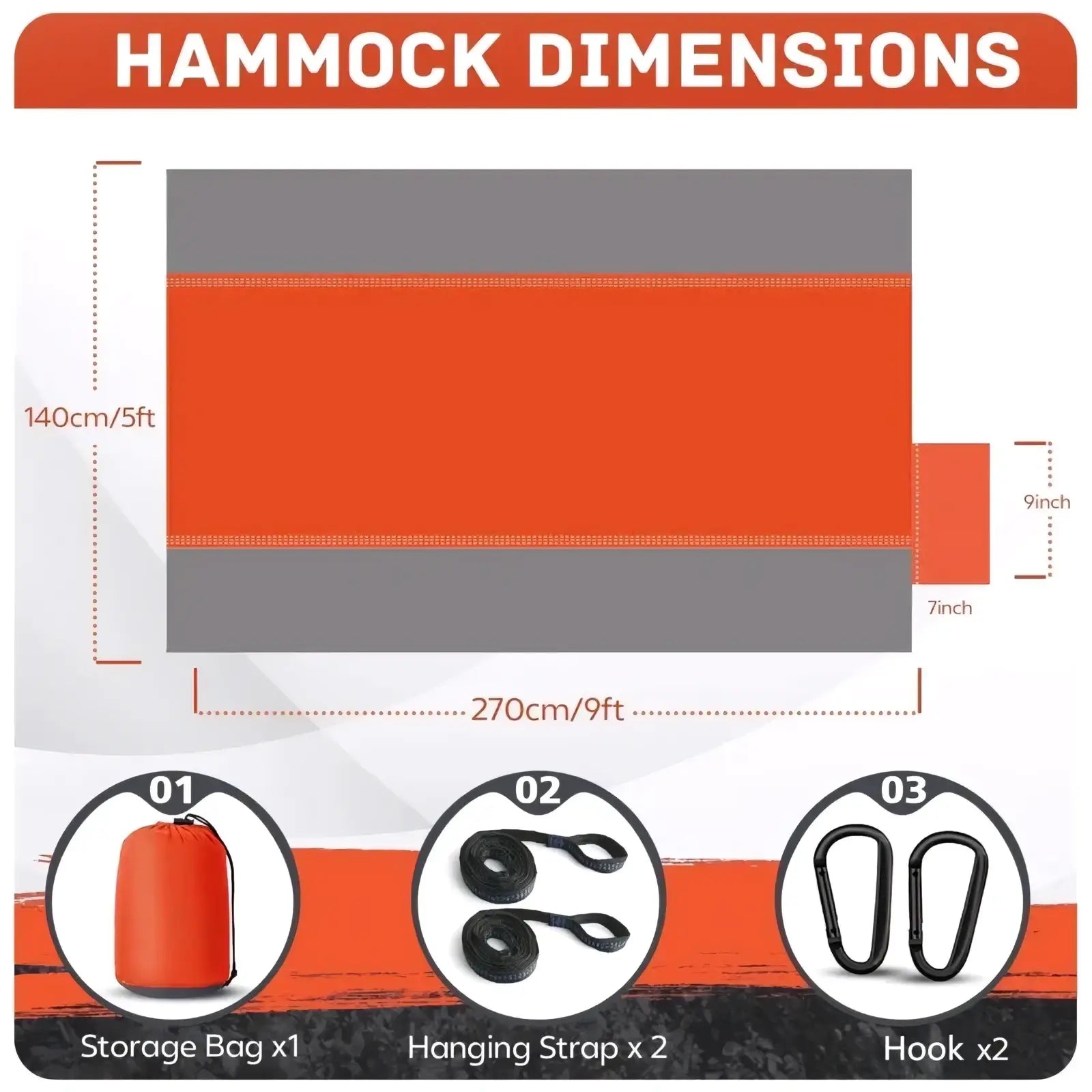 Lightweight orange and gray camping hammock with a central orange section and gray bands measuring 270cm by 140cm