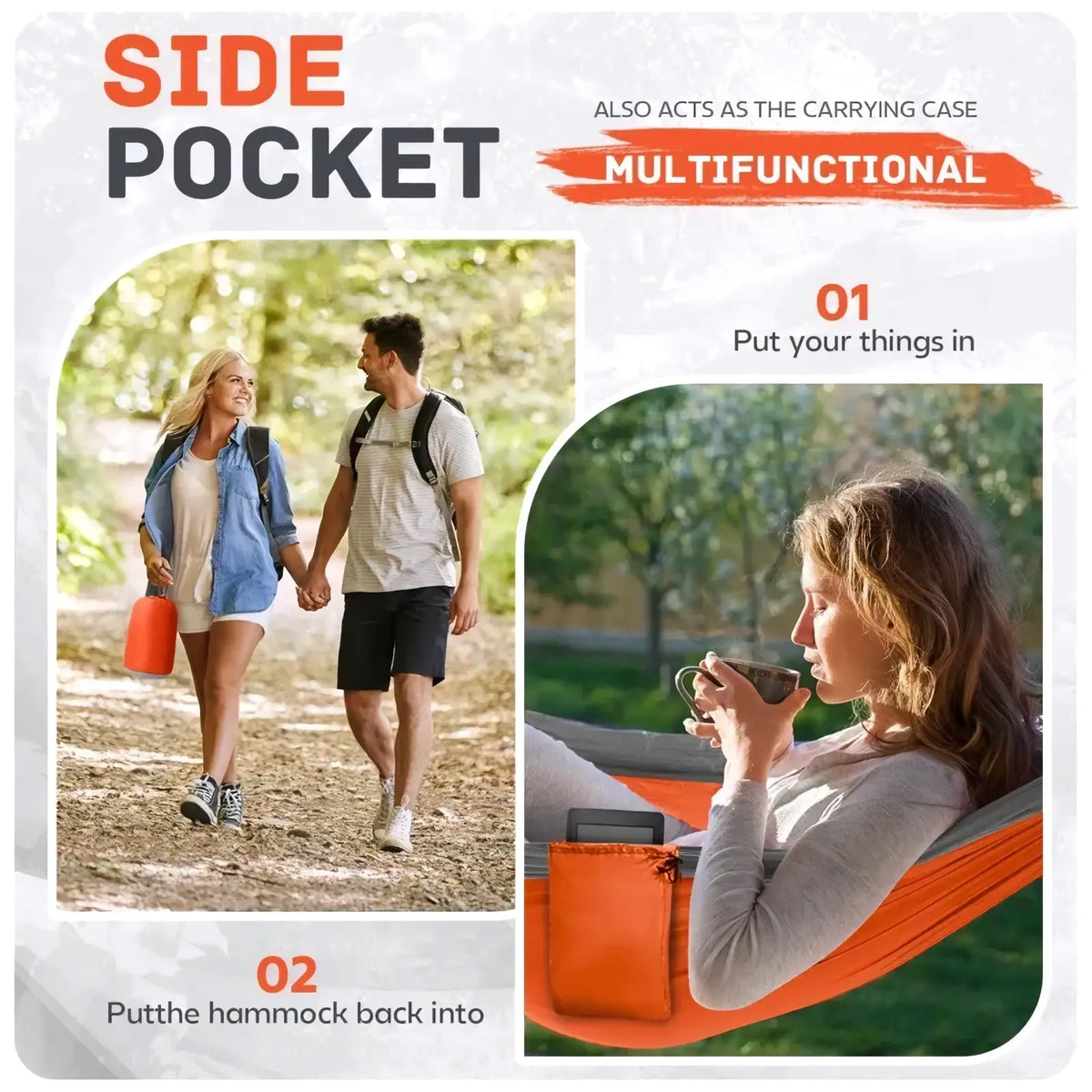 Lightweight orange and gray camping hammock with an orange fabric side pocket serving as a carrying case