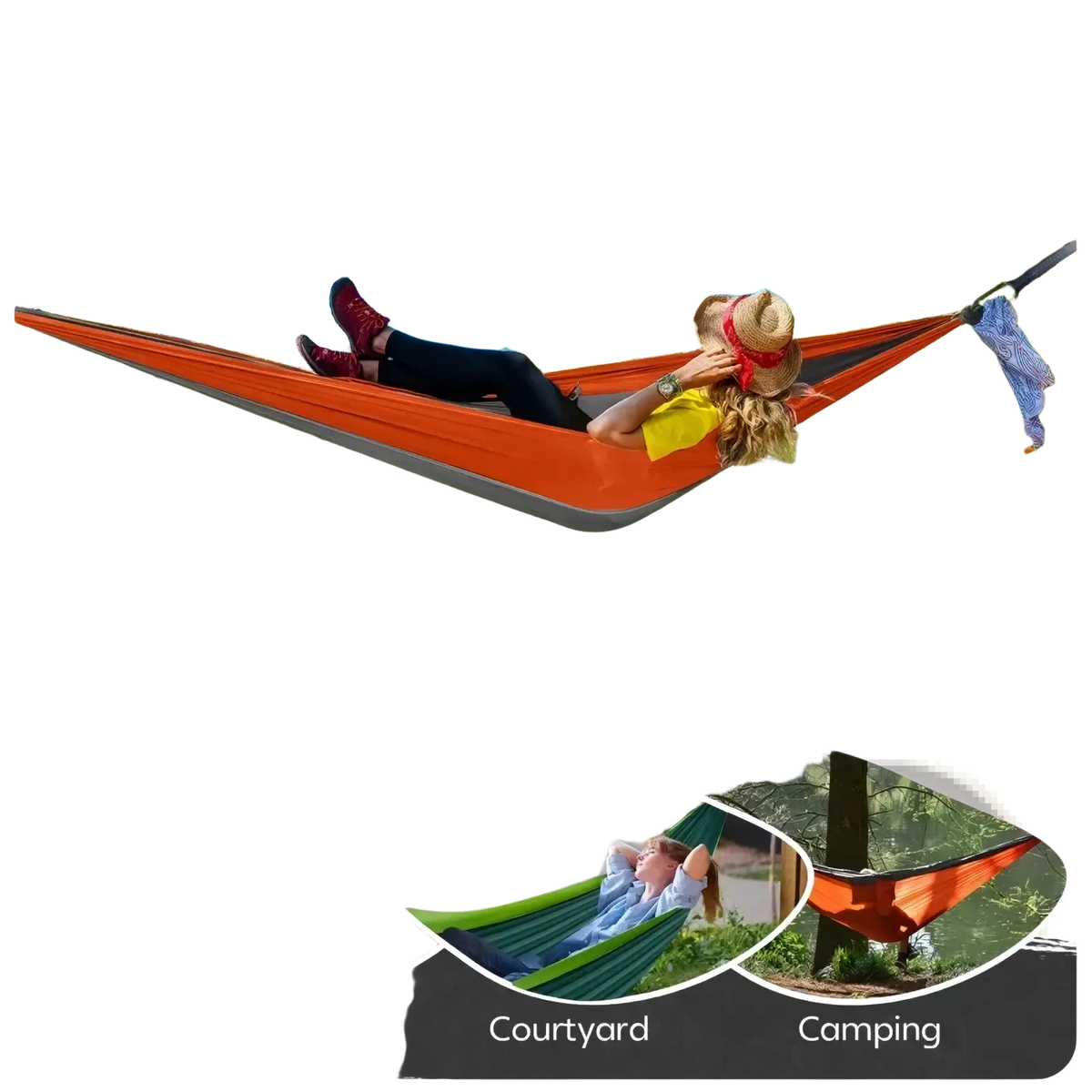 Lightweight orange and gray camping hammock with sleek lightweight design ideal for outdoor relaxation