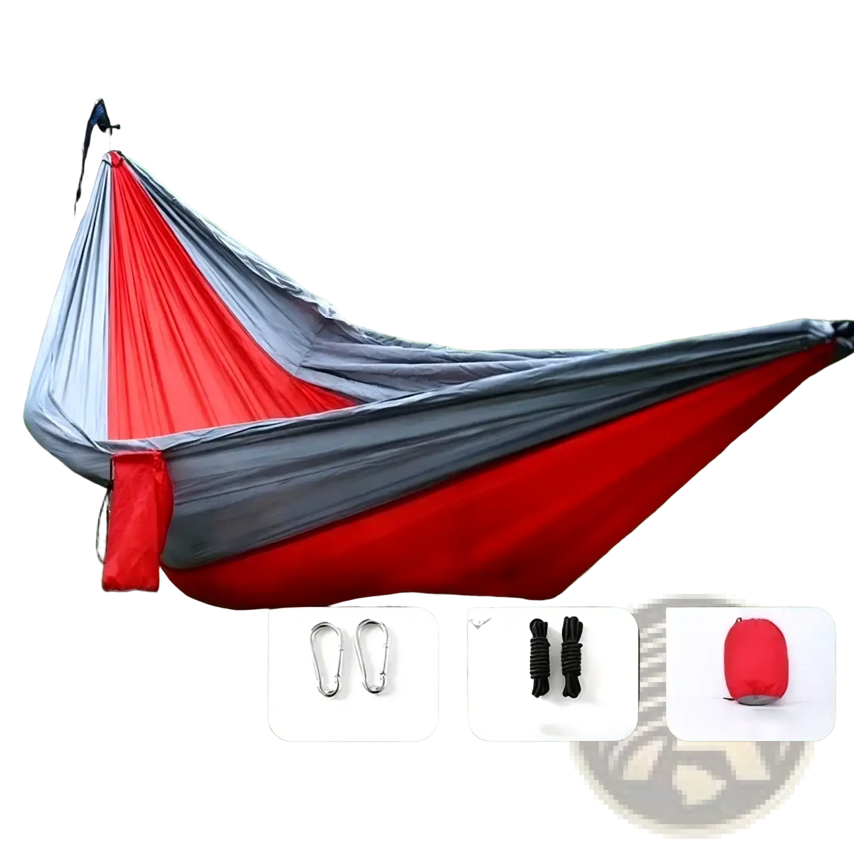 Lightweight orange and gray camping hammock made of durable fabric with red and gray stripes and compact carrying bag