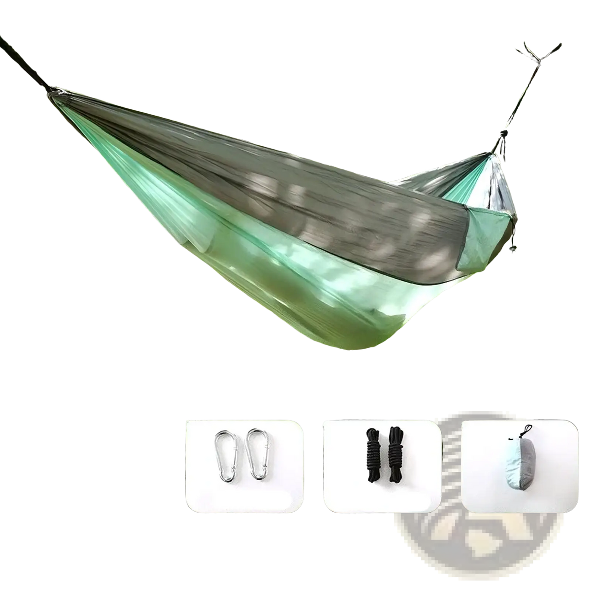 Lightweight orange and gray camping hammock with dark gray top and light green bottom made of mesh fabric