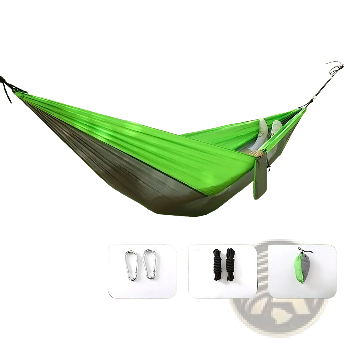 Lightweight orange and gray camping hammock featuring green and gray two-tone sleek lightweight design