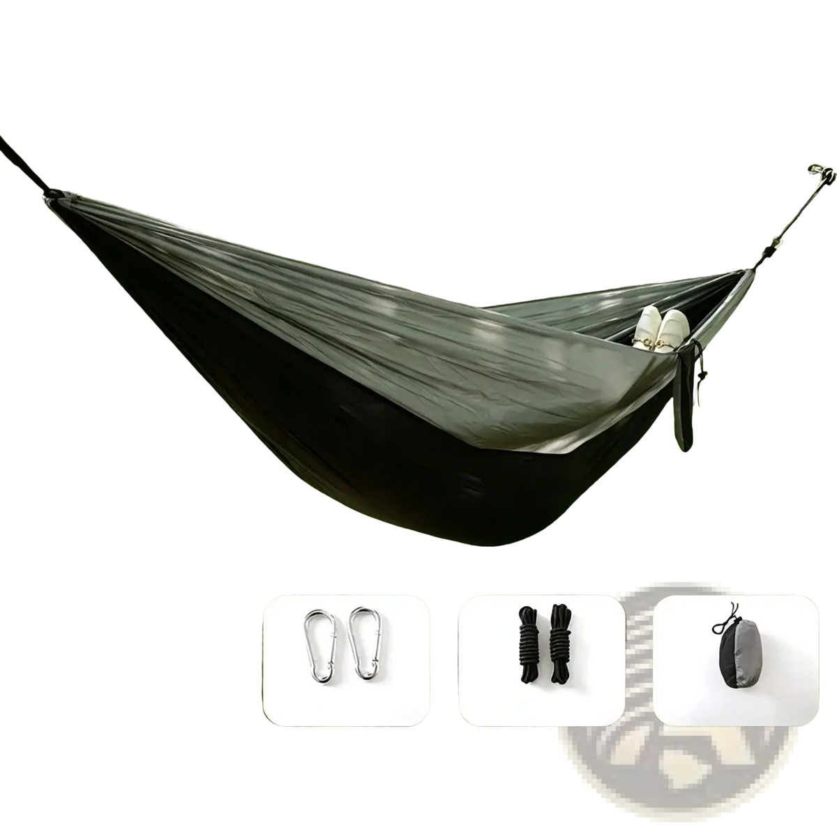 Lightweight orange and gray camping hammock made of black nylon suspended between trees with carabiners and rope