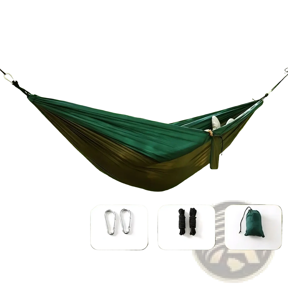 Lightweight orange and gray camping hammock with green and brown gradient durable lightweight fabric design