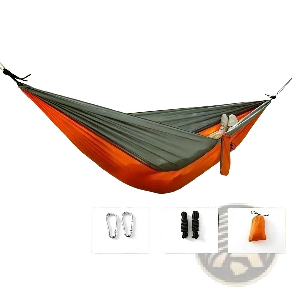 Lightweight orange and gray two-tone nylon camping hammock with attached carabiners ropes and storage pouch