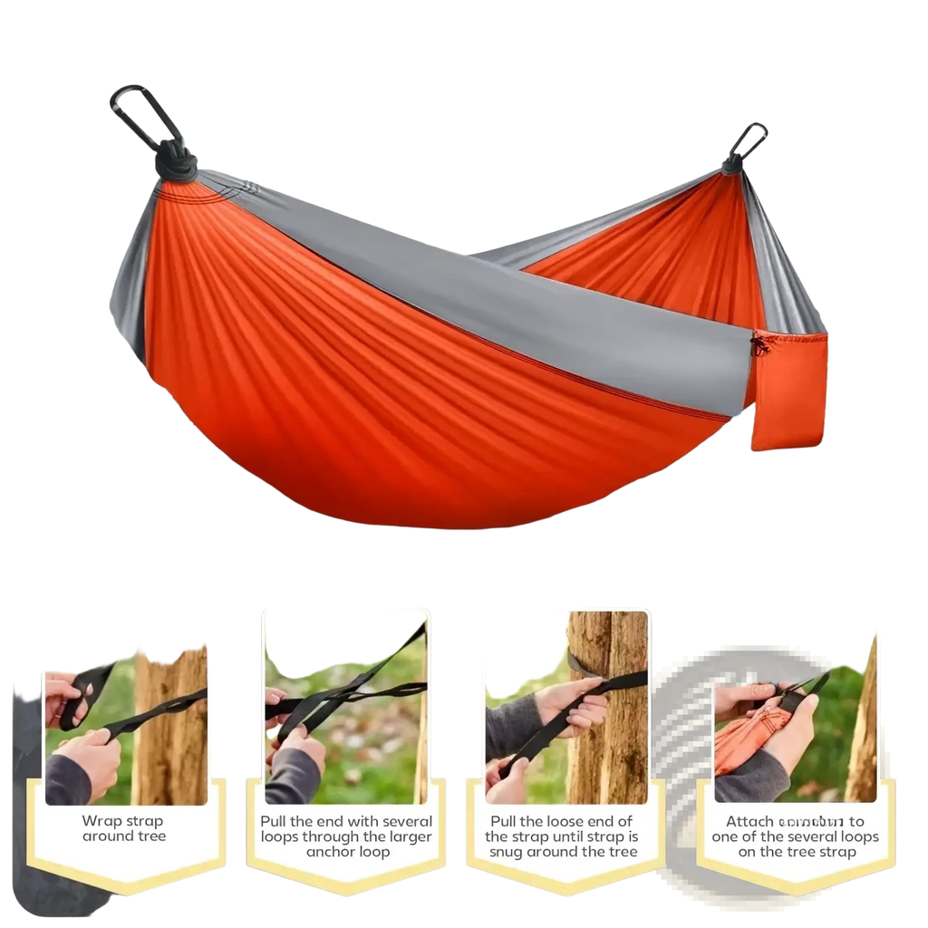 Lightweight orange and gray two-tone camping hammock with black carabiner attachments for outdoor use