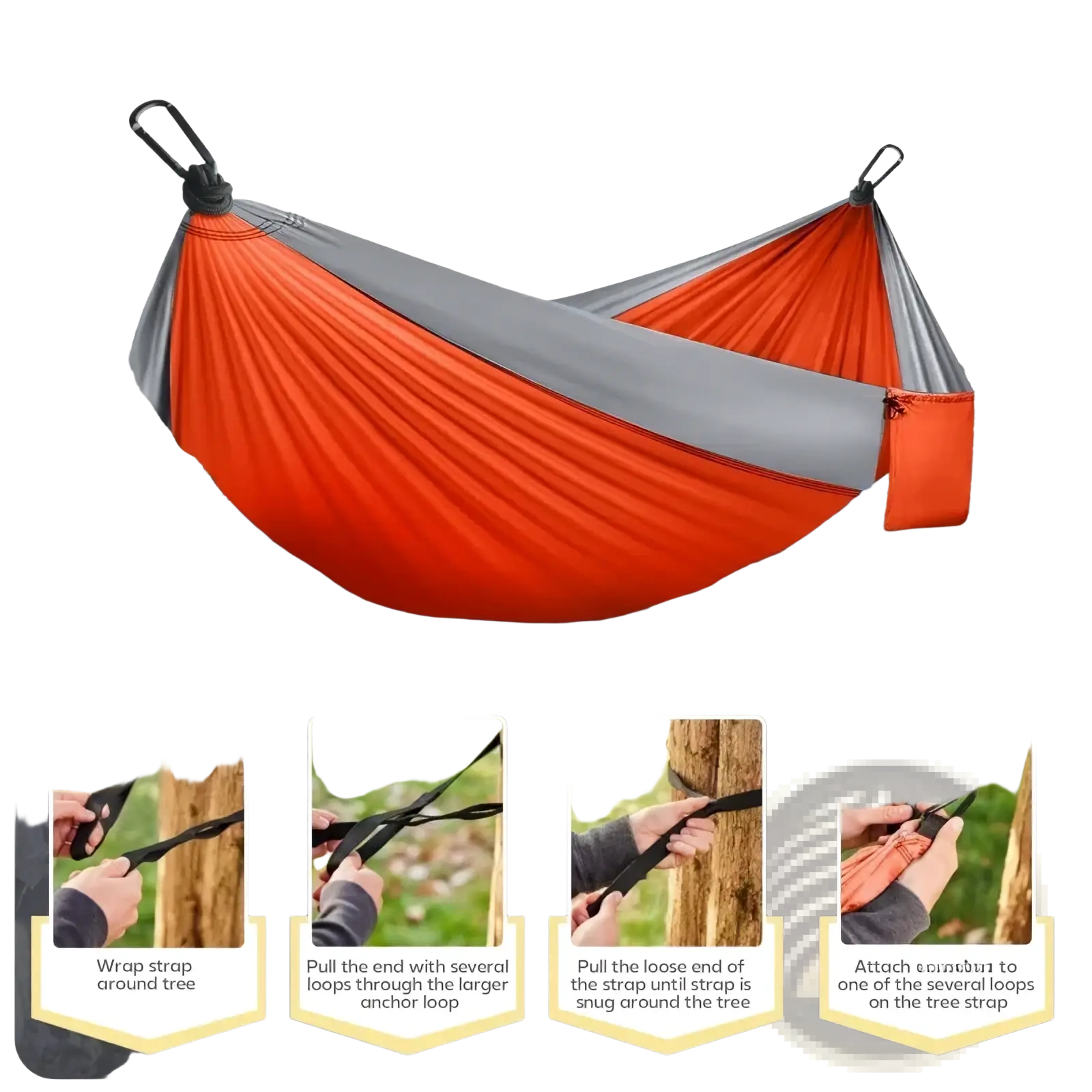 Lightweight orange and gray two-tone camping hammock with black carabiner attachments for outdoor use