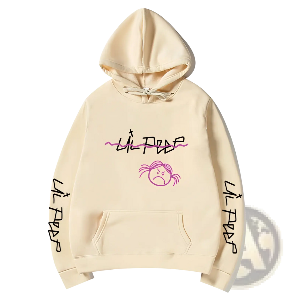 Cream-colored lil peep graphic print pullover hooded sweatshirt with pink black lettering and illustrated face on front and sleeves