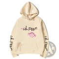 Cream-colored lil peep graphic print pullover hooded sweatshirt with pink black lettering and illustrated face on front and sleeves