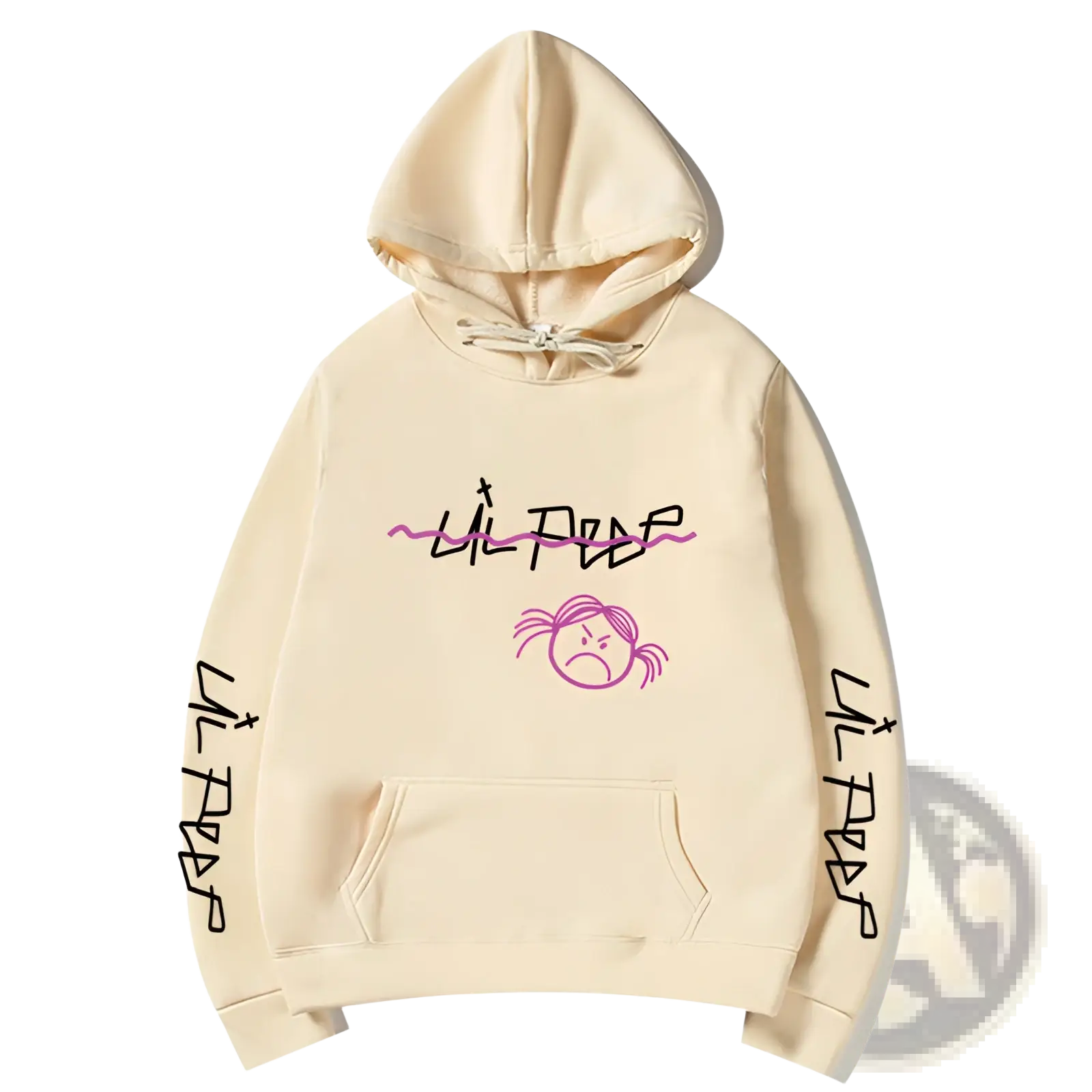 Cream-colored lil peep graphic print pullover hooded sweatshirt with pink black lettering and illustrated face on front and sleeves
