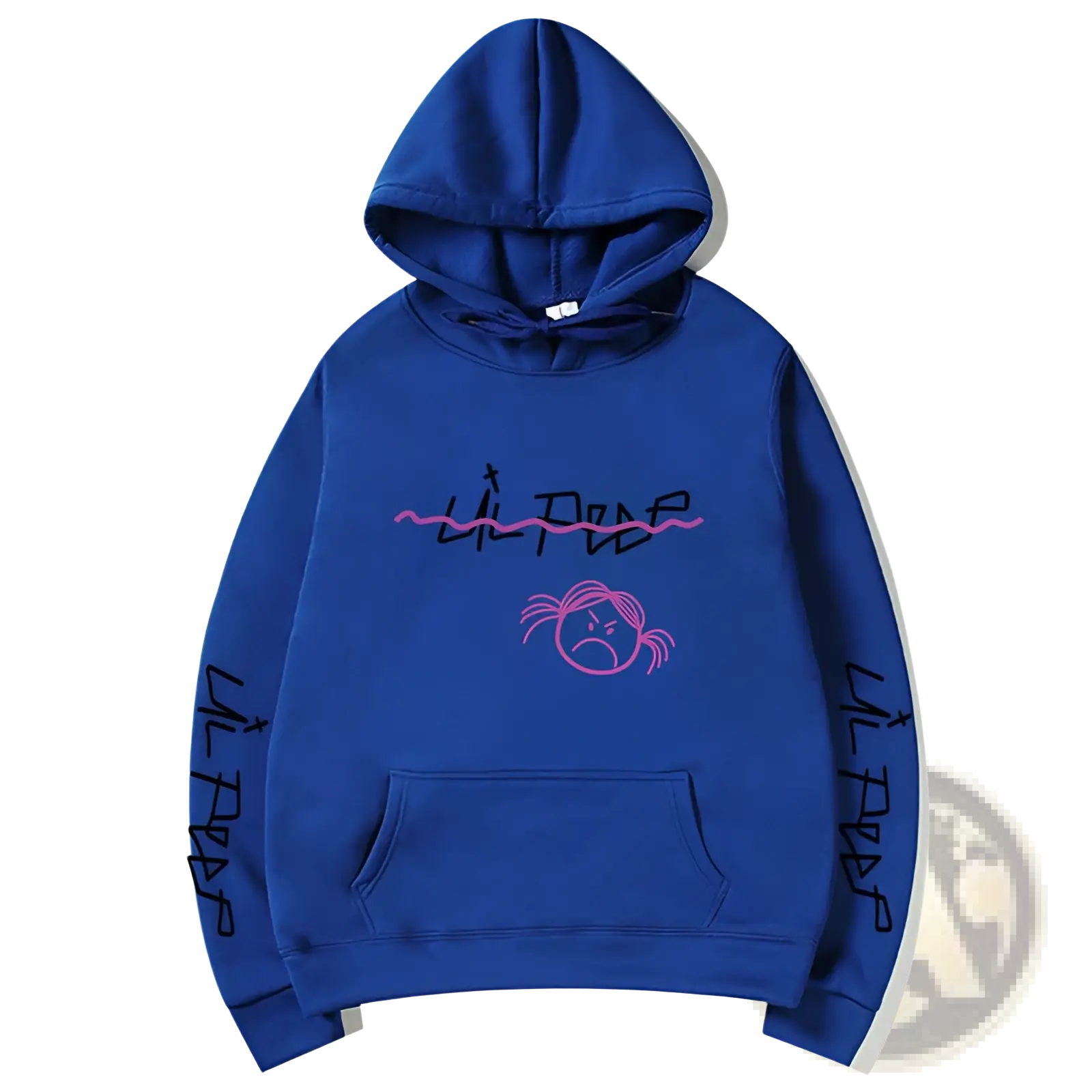 Royal blue lil peep graphic print pullover hoodie with pink signature and cartoon face and black sleeve lettering