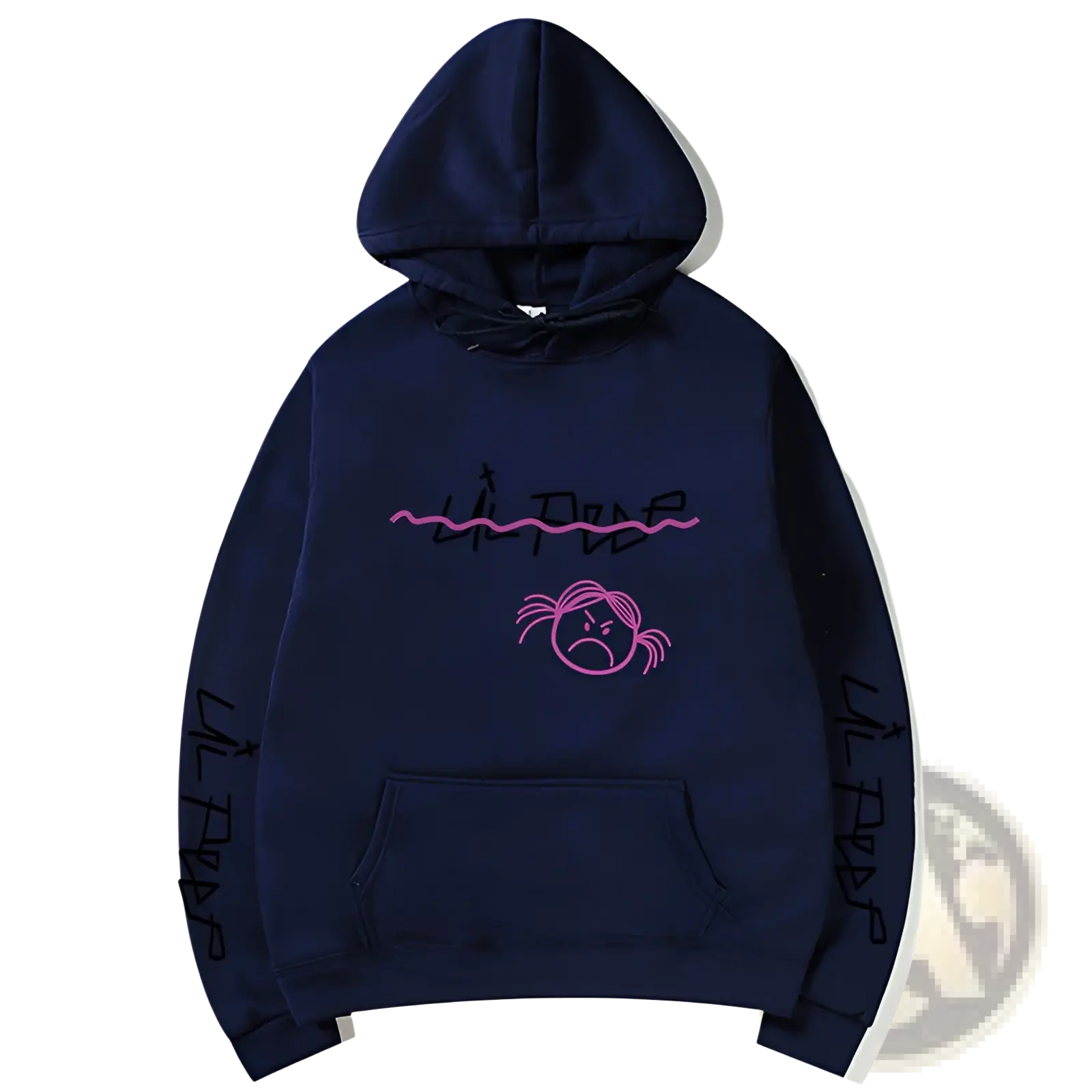 Navy blue lil peep graphic print pullover hoodie with pink sad face embroidery and black handwritten sleeve lettering
