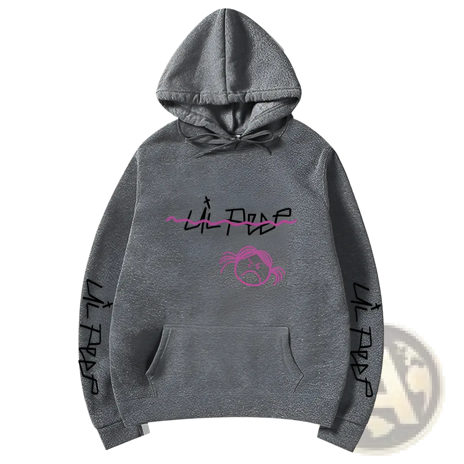 Gray heathered hoodie with pink and black ’lil peep’ graffiti-style lettering across the chest, a matching cartoon face graphic below it, and repeating text down both sleeves.