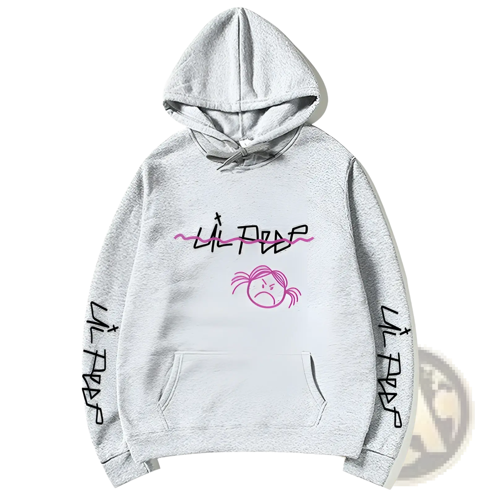 Gray hoodie pullover with pink and black lil peep graffiti-style lettering and matching cartoon face on chest and sleeves