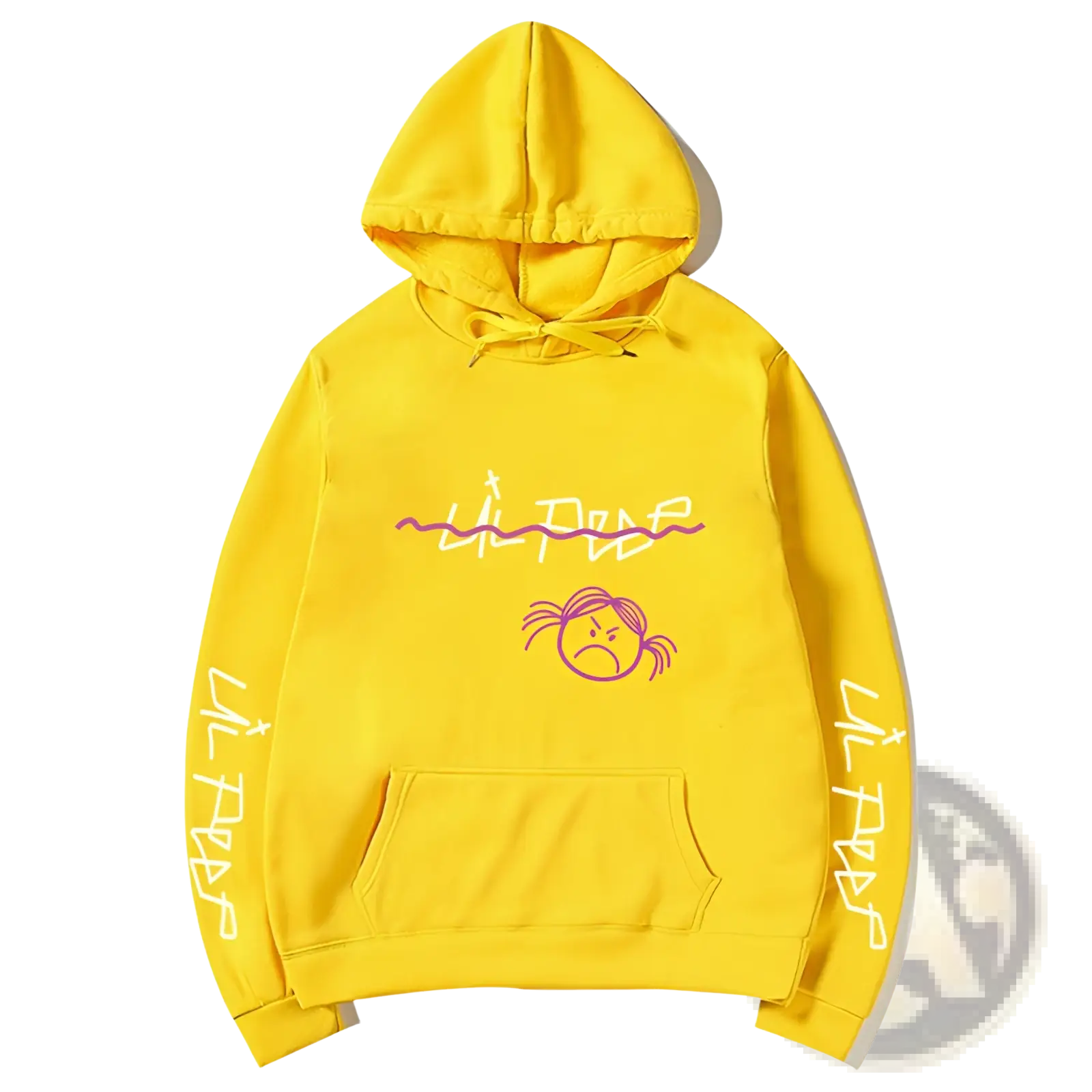 Bright yellow lil peep graphic print pullover hooded sweatshirt with purple signature and white sleeve lettering
