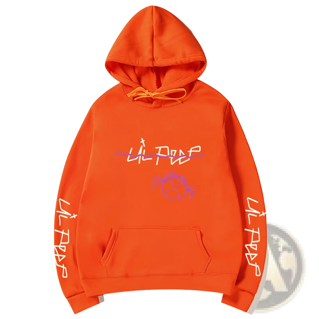 Bright orange lil peep graphic print pullover hooded sweatshirt with purple white cartoon face and vertical sleeve text