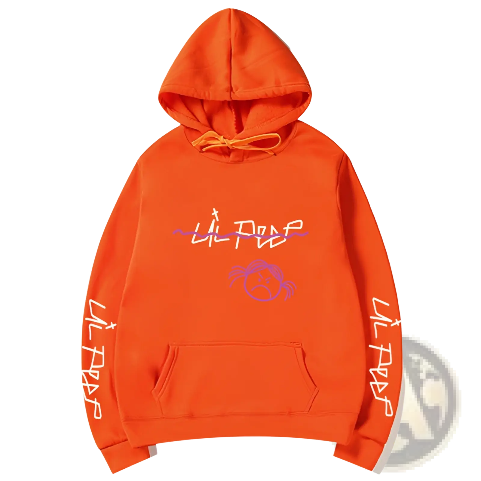 Bright orange lil peep graphic print pullover hooded sweatshirt with purple white cartoon face and vertical sleeve text