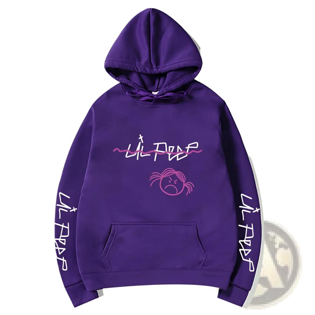 Purple hoodie pullover sweatshirt with pink and white lil peep graffiti lettering, cartoon face, and vertical sleeve text