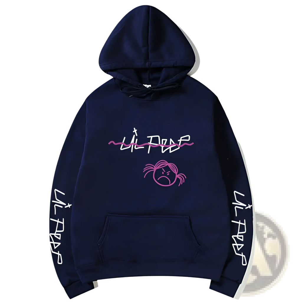 Dark navy blue lil peep graphic print pullover hoodie with pink embroidered logo and white cursive sleeve lettering