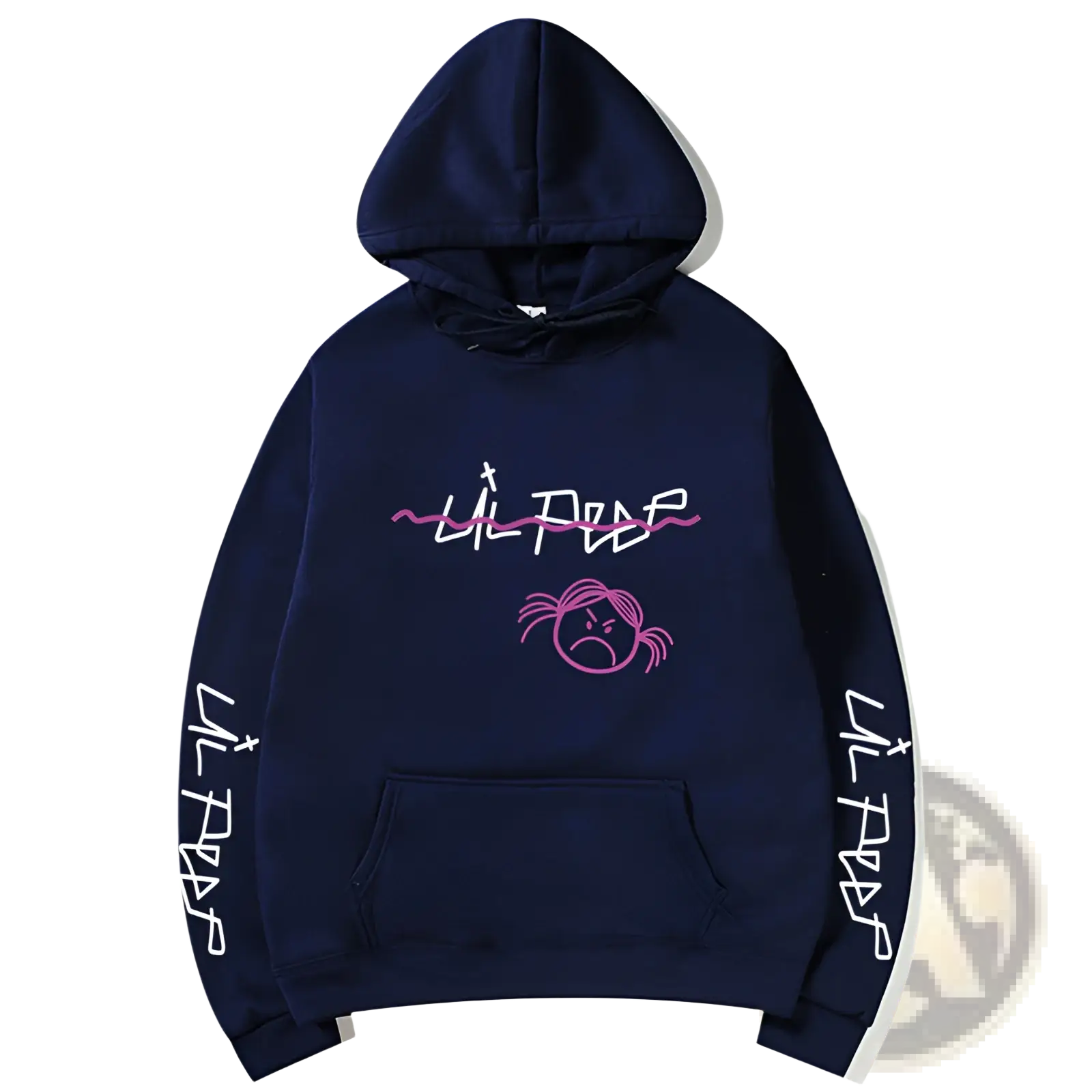 Dark navy blue lil peep graphic print pullover hoodie with pink embroidered logo and white cursive sleeve lettering