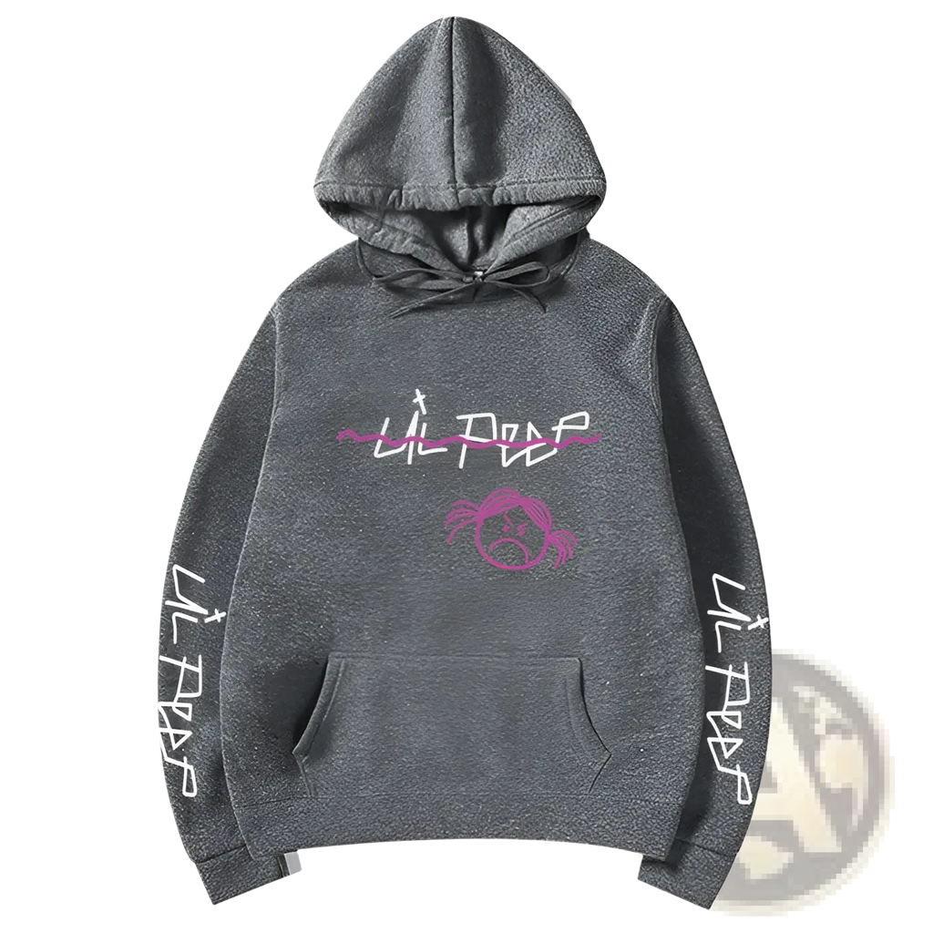 Gray pullover hooded sweatshirt featuring purple and white lil Peep graphic with crying face and vertical sleeve text