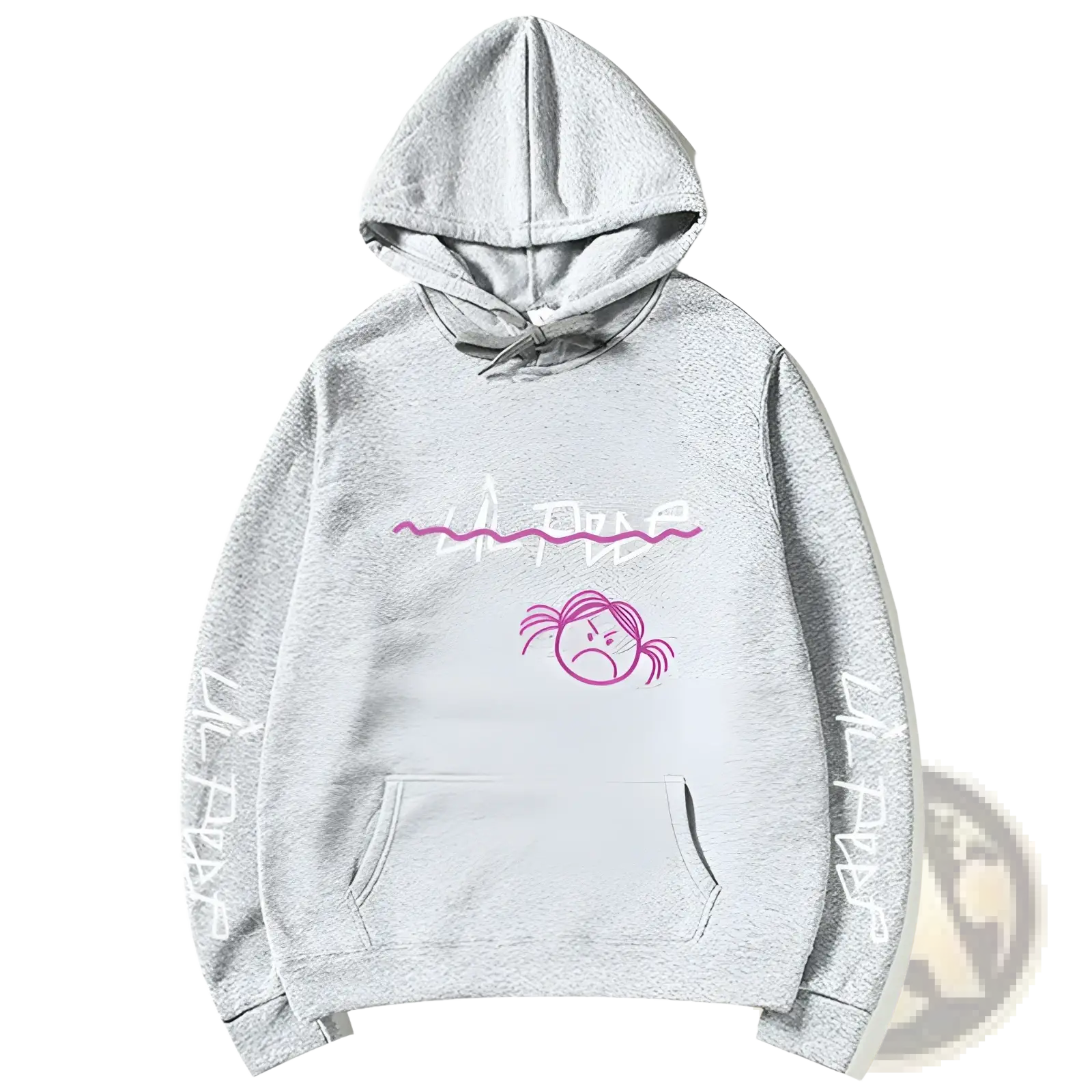 Gray lil peep graphic print pullover hoodie with pink graffiti text, cartoon girl graphic, and white sleeve lettering