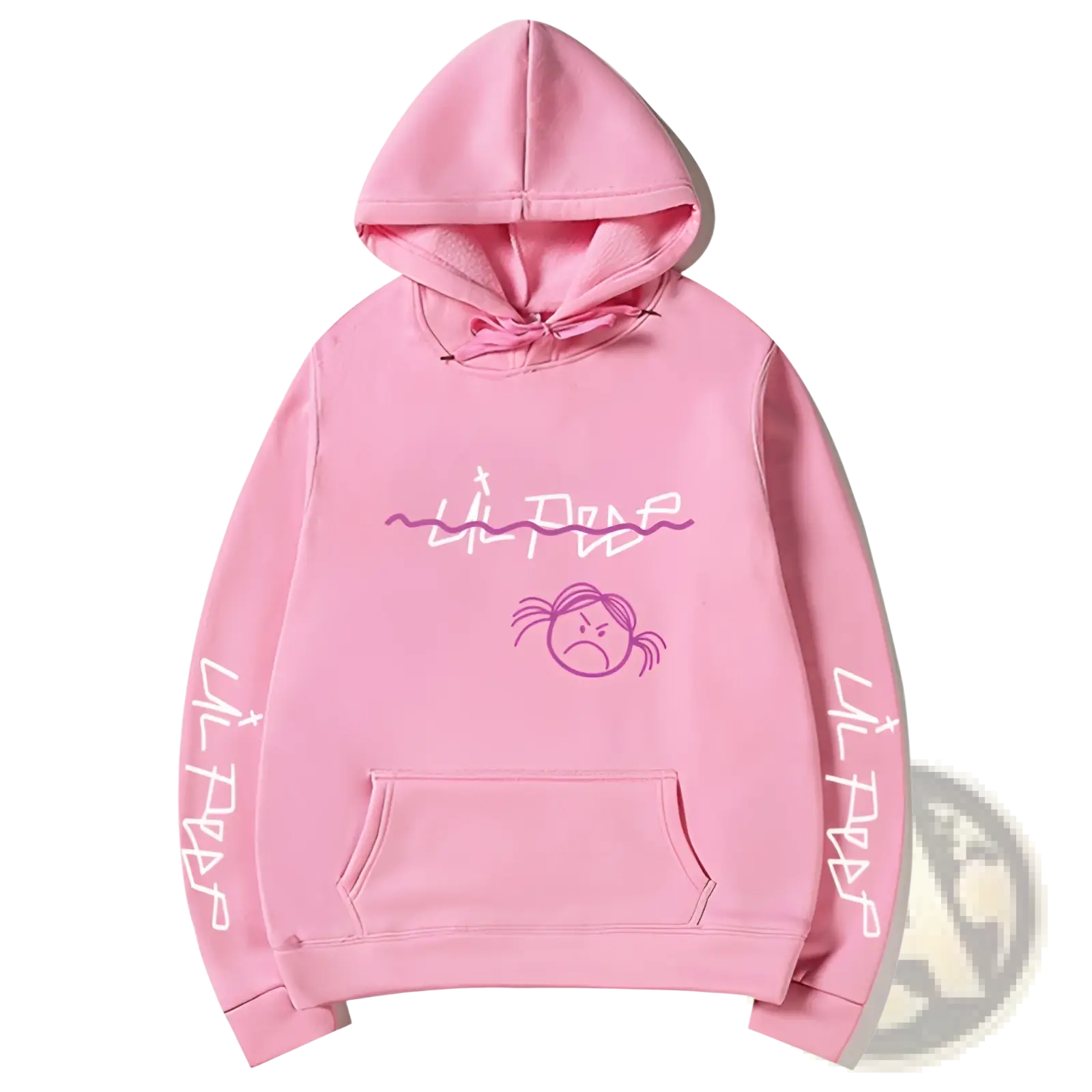Pink lil peep graphic print pullover hoodie with purple white graffiti text cartoon face and vertical sleeve lettering