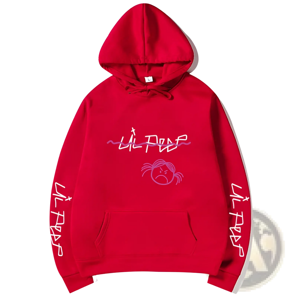Red hooded sweatshirt with Lil Peep branding, purple cartoon face graphic, and white lettering on the sleeves