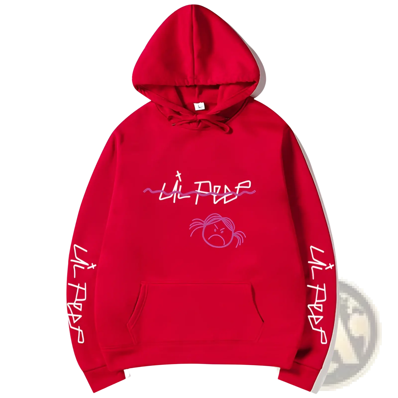 Red hooded sweatshirt with Lil Peep branding, purple cartoon face graphic, and white lettering on the sleeves